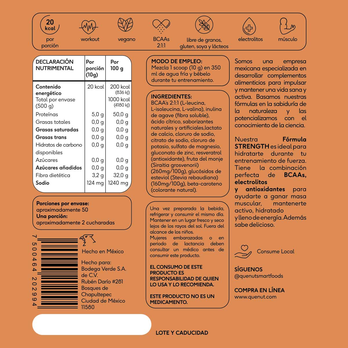 Strength (BCAA+Electrolitos+Antioxidantes) - Naranja/Mandarina Bote de 500gr
